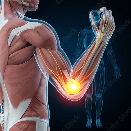 Muscular man flexes arm with highlighted elbow joint and nerves beside transparent human figure