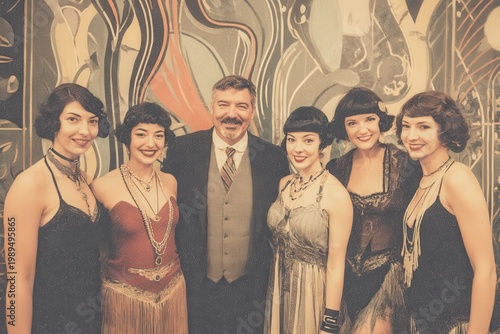 Six people in 1920s attire posing, smiling, elegant art deco setting, vintage style