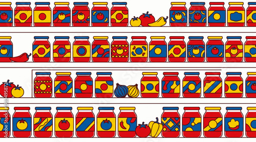 Colorful Jars of Preserves and Pickles on Shelves.