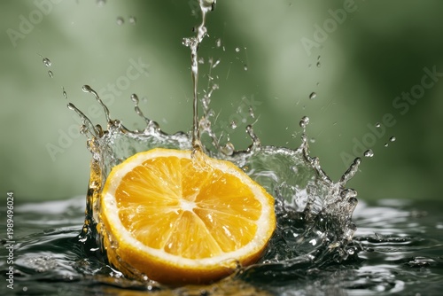 A vibrant half lemon splashing into clear water, creating dynamic water droplets and splashes against a soft green background.