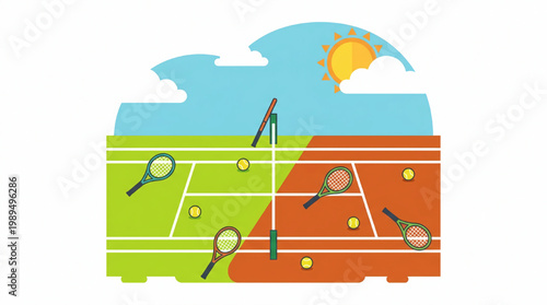 Tennis Court Divided Green and Clay with Rackets and Balls.