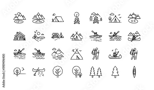 Minimal outdoor icons kayak mountain lake cabin line vector