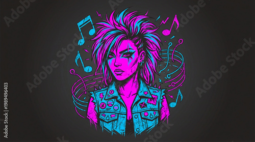 Retro 80s Punk Rock Woman with Spiky Hair and Music Notes.