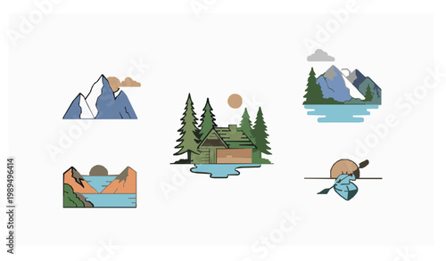 Nature adventure line icons mountain sunrise kayak vector set