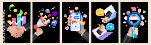 Digital social media business marketing banner with 3d icon. Investment idea, finance startup, brainstorming and stock market success concept background. 3d hand, phone, computer or infographic render