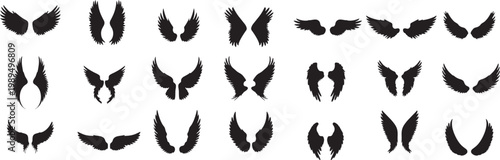 Black Angel Wings Silhouette Collection with Various Spread and Feather Styles for Tattoo and Decorative Design