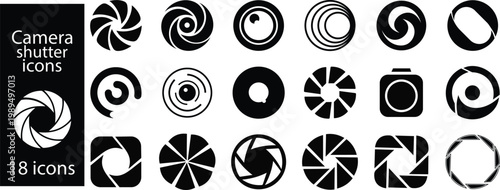 Camera shutter icon set collection group, aperture lens diaphragm photography symbol vector pack, camera iris shutter circle icons, flat and line style black icons isolated on transparent background
