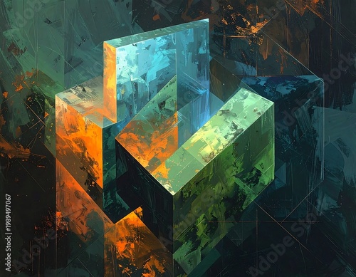 Abstract geometric composition showcasing translucent, crystalline forms in contrasting colors and painterly brushstrokes