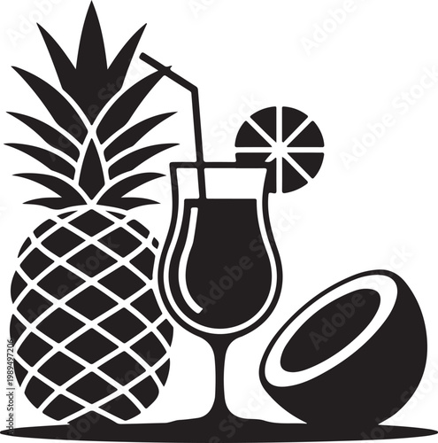 Pineapple coconut drink with garnish silhouette