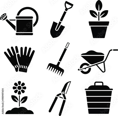 Gardening tools icon set, black silhouette garden equipment collection, 9 flat vector icons for landscaping and horticulture branding
