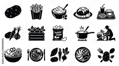 Collection of black and white icons representing various potato dishes, ingredients, and preparation methods, from raw potatoes to prepared meals and snacks.