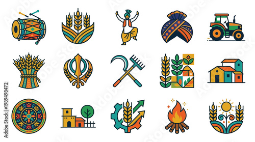 Collection of colorful icons representing Punjabi culture, agriculture, and harvest festivals, including musical instruments, farming tools, traditional attire, and rural scenes.