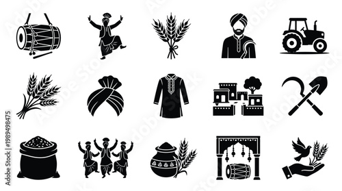 Collection of Punjabi cultural icons representing agriculture, music, dance, clothing, and rural life.