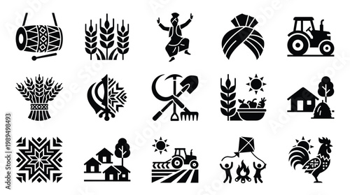 Collection of Punjabi cultural icons including a dhol drum, wheat stalks, a Bhangra dancer, a turban, a tractor, a sickle, a Khanda symbol, houses, a kite, and a rooster.