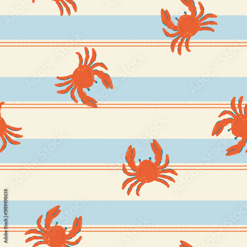 Vector summer tropical seamless pattern of red crabs on blue stripes background.
