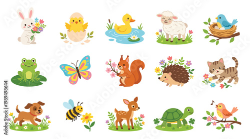 A charming collection of cute cartoon animals in a spring meadow setting, perfect for children's illustrations and designs.