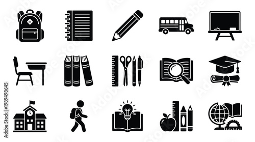 A collection of black and white icons, including a backpack, books, a pencil, a school bus, a blackboard, a desk, a graduation cap, and a school building.