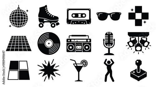A collection of retro and vintage icons , including a disco ball, roller skates, cassette tape, sunglasses, boombox, vinyl record, microphone, dance floor, and cocktail.