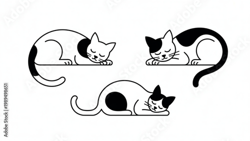 Minimal line art illustration set of three black cats sleeping and resting in calm peaceful poses isolated white background
