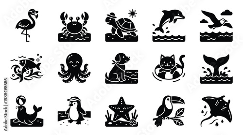 A collection of 15 black and white silhouette icons depicting various animals in different settings, including marine life, birds, and domestic pets.