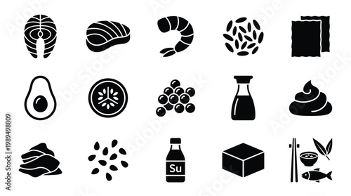 A collection of black and white icons representing various ingredients and tools commonly used in Japanese cuisine, particularly sushi preparation.