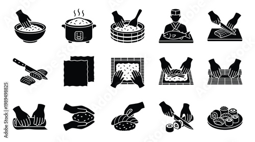 A collection of black and white icons illustrating the step-by-step process of making sushi, from preparing rice to final presentation.