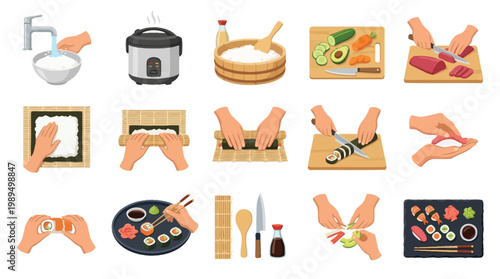 Step-by-step illustration of preparing sushi, from washing rice to final presentation.