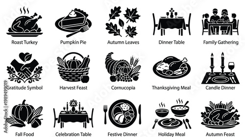 A collection of black and white icons representing various Thanksgiving and autumn-themed elements, including food, family, and seasonal symbols.