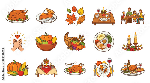 A collection of Thanksgiving-themed illustrations featuring roasted turkey, pumpkin pie, autumn leaves, festive dinner tables, and family gatherings.