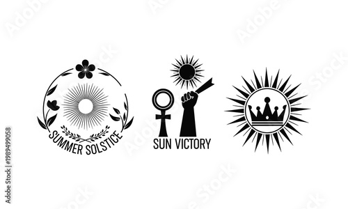 Summer solstice sun victory vector illustration, crown symbol with line art.