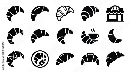 A collection of stylized black and white icons representing croissants and a bakery storefront, showcasing various artistic interpretations of the popular pastry.