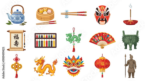 A vibrant collection of traditional Chinese cultural symbols and objects, including a teapot, dim sum, chopsticks, masks, scrolls, dragons, lanterns, and more.