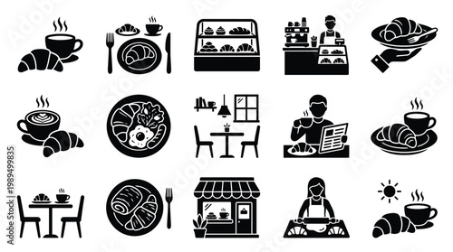 Collection of black and white icons representing a bakery, cafe, and breakfast scenes, including croissants, coffee, and dining settings.
