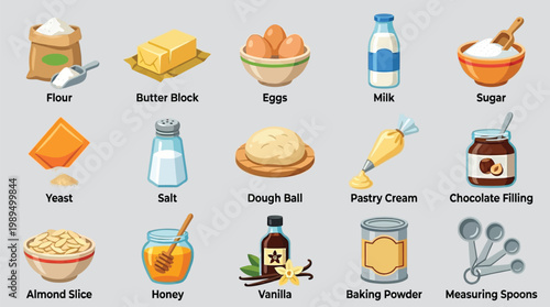 A collection of baking ingredients, including flour, butter, eggs, milk, sugar, yeast, salt, dough, pastry cream, chocolate filling, almond slices, honey, vanilla, baking powder, and measuring spoons.