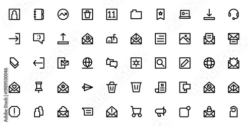 Email icon set. Vector line icons pack for contact, inbox, send, attach, spam, chat, notification, settings and more. Editable stroke symbols.