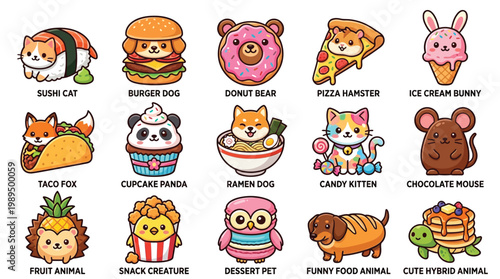 A vibrant collection of cute, kawaii-style hybrid food and animal characters, including sushi cat, burger dog, donut bear, and pizza hamster.