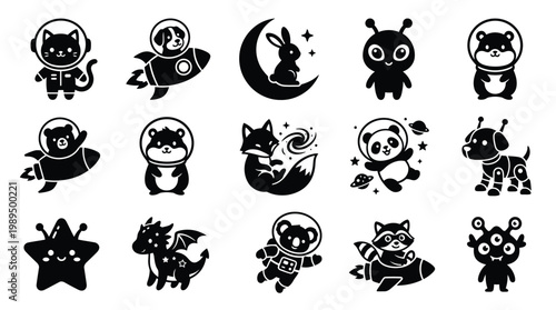 A collection of cute cartoon illustrations featuring animals and aliens in space, rockets, and on the moon.