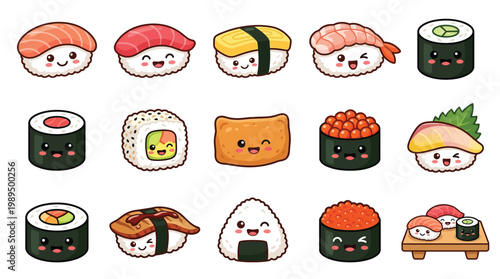 Collection of cute and colorful kawaii-style sushi and Japanese food illustrations, featuring various types of nigiri, maki rolls, and onigiri with adorable facial expressions.