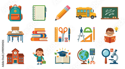 A vibrant collection of school supplies and educational icons, including a backpack, books, pencils, a school bus, and a globe, representing learning and academic activities.