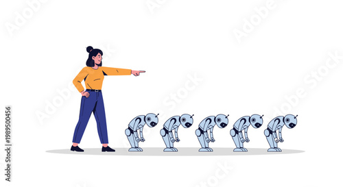 Disappointed woman points her finger at a line of sad looking small robots as if disciplining them on a white background.