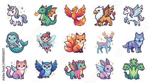 A charming collection of whimsical fantasy creatures, including unicorns, dragons, mermaids, and fairies, rendered in a cute, cartoonish style.