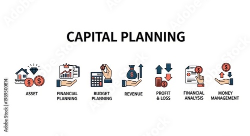 Capital planning infographics showcasing finance and growth.. A clean vector illustration for financial concepts and budget management.. Investment strategy, economic forecast, revenue streams.