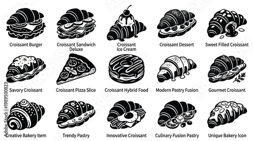 A collection of 15 unique croissant-based food items, showcasing creative culinary fusions and dessert variations.