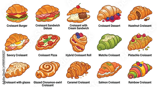 A vibrant illustration showcasing a diverse array of creative croissant-based food items, from savory burgers and pizzas to sweet desserts and colorful variations.