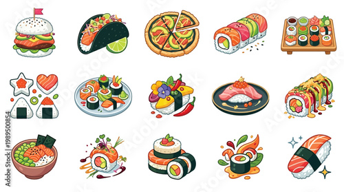 A vibrant collection of delicious and diverse food illustrations, featuring sushi, burgers, tacos, and pizza, presented in a playful, cartoonish style.
