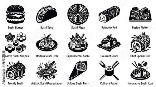 A collection of 15 diverse and creative sushi fusion dishes, showcasing innovative culinary presentations and unique flavor combinations.