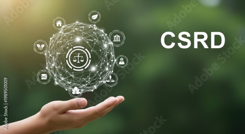 Hand holds CSRD data sphere in blurred background. A conceptual illustration of environmental regulations.. Sustainability disclosure, corporate responsibility, transparent governance.