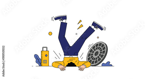 Humorous illustration shows a person who has fallen headfirst into an open manhole with their legs kicking in the air for a mistake.