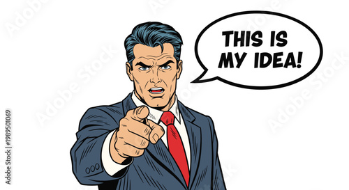 Serious businessman in a suit points his finger at the viewer and says this is my idea through a speech bubble for a presentation.