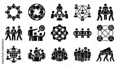 Collection of diverse business and teamwork icons illustrating collaboration, leadership, and group dynamics in various settings.